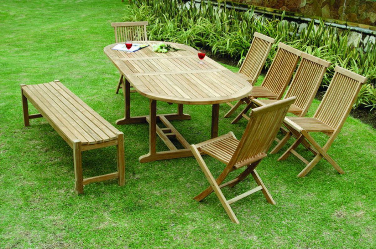 Classic Side Oval Table With Backless Bench Set Indonesia Teak